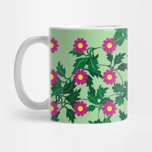 Cerise daisies with Yellow centres over layers of vine leaves on a Spearmint Green background Mug